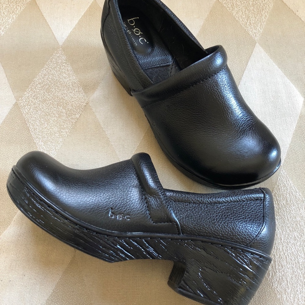 b.o.c. Black Leather Slip-On Clogs